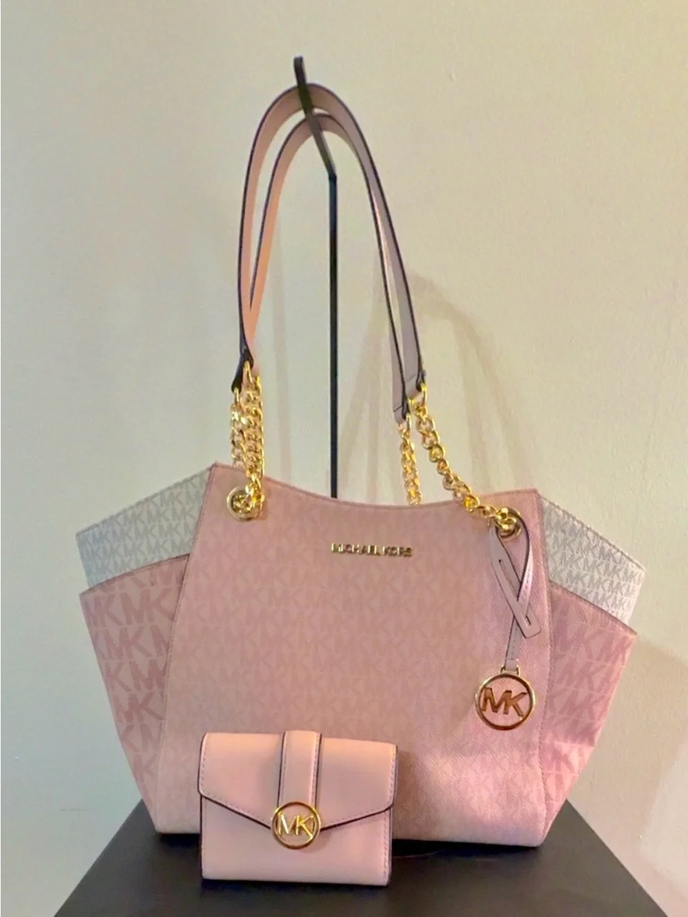 Michael Kors Pink and White MK Signature Chain Tote - Picture 7 of 7